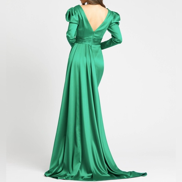 Mac Duggal 12404 Emerald Green Satin Puff Sleeve Evening Gown with Slit Size 6 - Picture 3 of 11